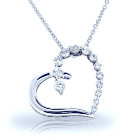 New Romantic 14k White Gold Plated Silver Silver Heart Diamond Necklace - Picture 1 of 2
